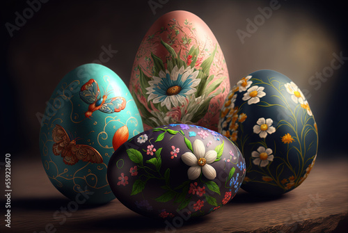 illustration of decorated easter eggs on wood table. Generative AI