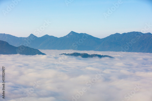 Amazing white sea of clouds or mist over valley . Beautiful natural view over Salween river border between Thailand and Myanmar.Unseen KloSeLo View Point © naraichal