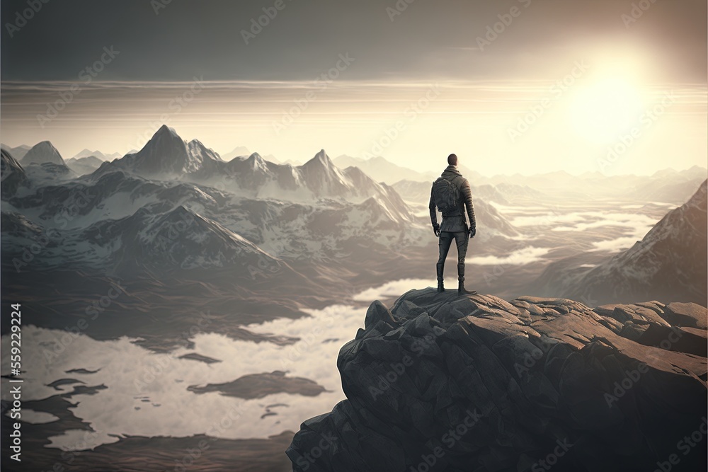 a man standing on top of a mountain looking at the sky and mountains ...