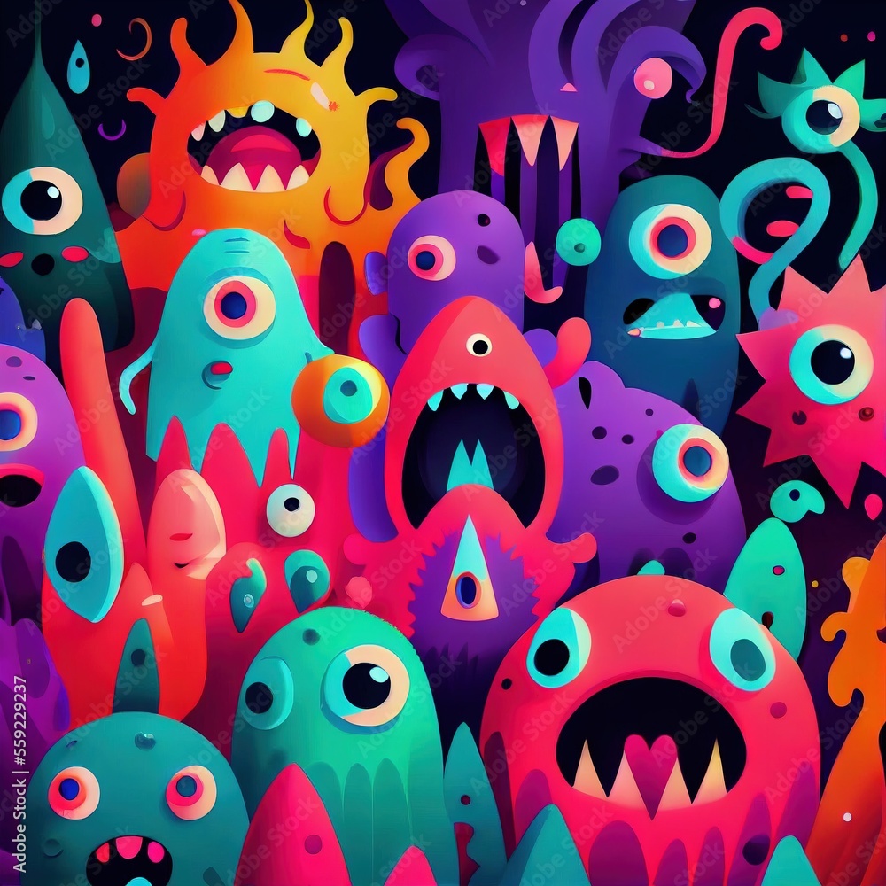 Abstract magical funny cartoon monsters. Lots of colored paint, ink ...