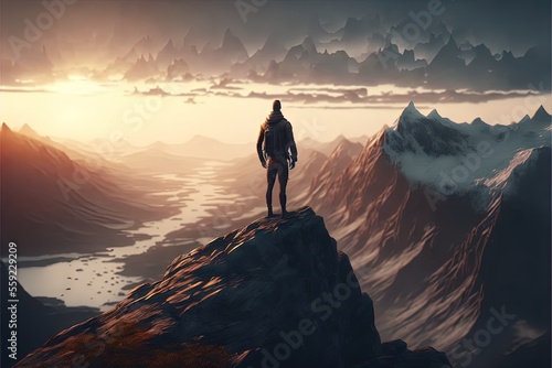 Fényképezés a man standing on top of a mountain looking at the sunset over a valley with mountains in the background and a body of water below him, with a few clouds and a few mountains