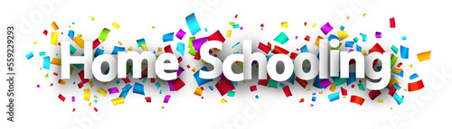 Home schooling header over colorful cut out ribbon confetti background.