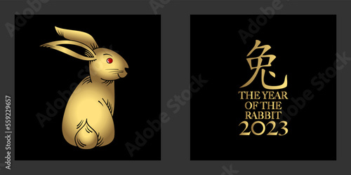 2023-Vœux pour le nouvel an chinois avec un lapin or assis - fond noir  et texte or- traduction : lapin.