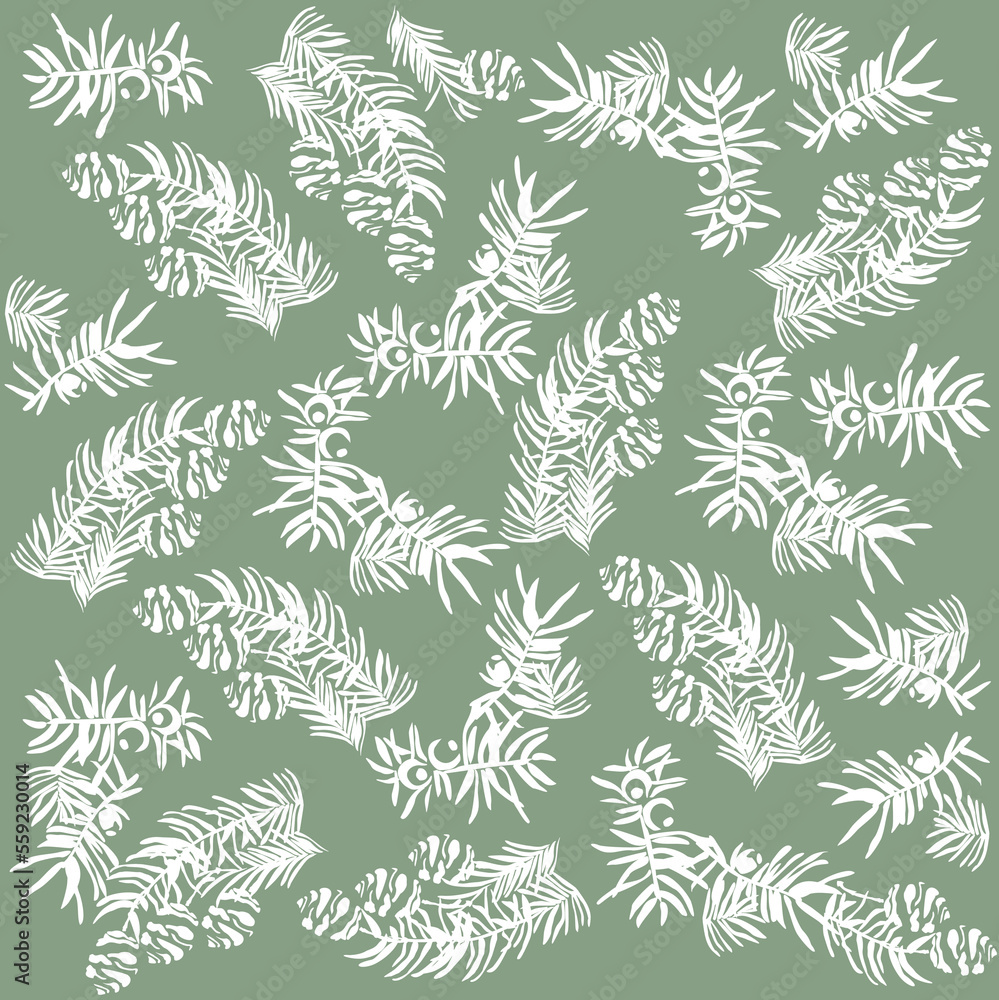 New Year's vector pattern from a linear drawing of coniferous branches and cones. Trend colors 2023. Botanical drawing in white on a gray background New Year's vector pattern from a linear drawing of coniferous branches and cones. Trend colors 2023. Botanical drawing in white on a gray background