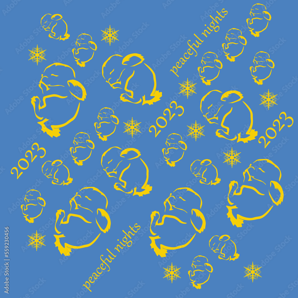 Fototapeta premium An unusual composition of stylized rabbit signs in yellow and blue colors. Peaceful sleep in Ukraine in 2023. Chinese new year 2023 year of the rabbit