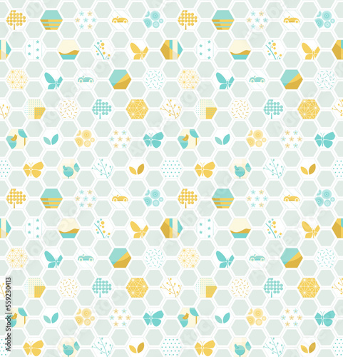 Honeycomb mosaic seamless pattern of natural and abstract geometric elements in bright summer colors