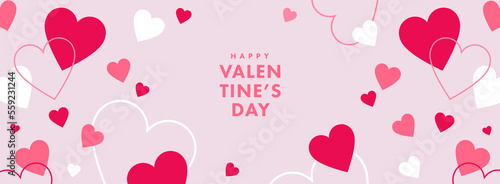 Happy Valentine's Day simple horizontal card, banner or background with heart frame and pattern in modern flat style for decor, greetings, packaging, print, web, promo, sales