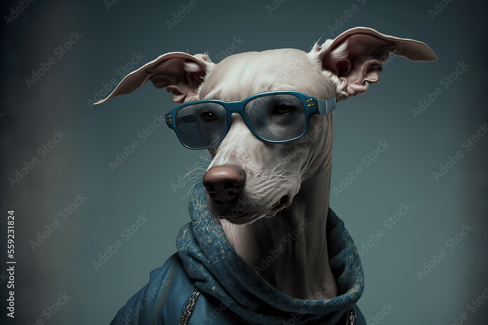 dog fashion portrait, clothes, sunglasses, concept art dog fashion portrait, clothes, sunglasses, concept art