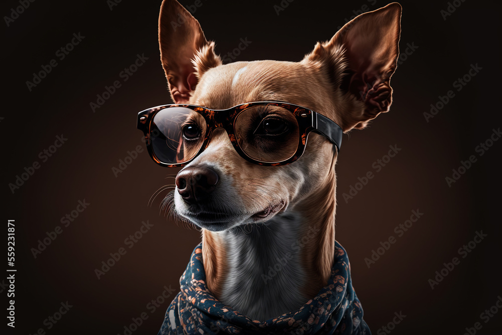 dog fashion portrait, clothes, sunglasses, concept art