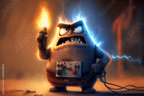 Wütender Elektriker mit einer Explosion im Hintergrund als Cartoon photo