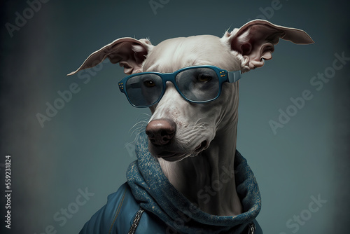 dog fashion portrait, clothes, sunglasses, concept art