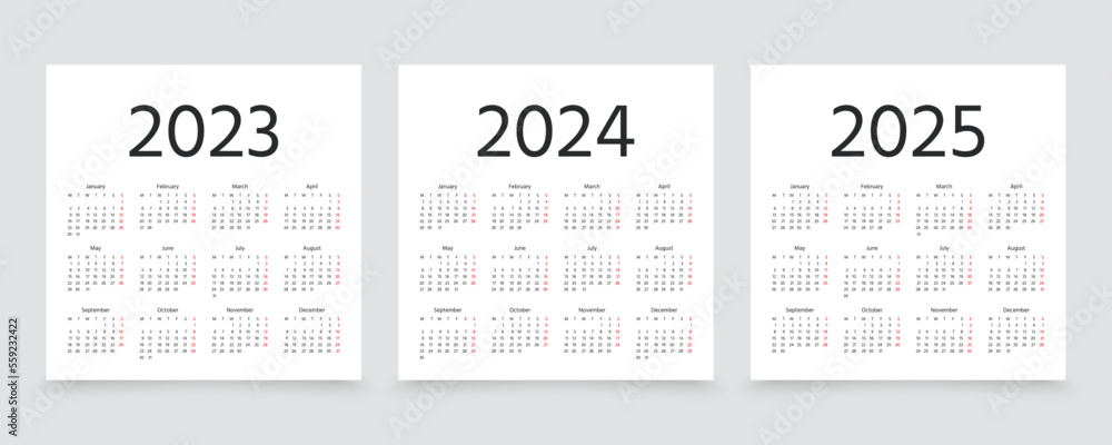 2023 2024 2025 years calendars. Week starts Monday. Simple calender ...