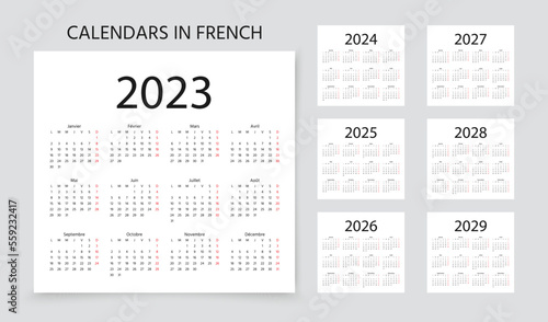 French Calendars for 2023, 2024, 2025, 2026, 2027, 2028, 2029 years. Week starts Monday. France calender template. Scheduler layout with 12 month. Yearly organizer in simple design Vector illustration