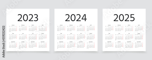 2023 2024 2025 years calendars. Week starts Monday. Simple calender layout. Desk calendar template with 12 month. English yearly stationery organizer. Vector illustration. Minimal style. Square shape