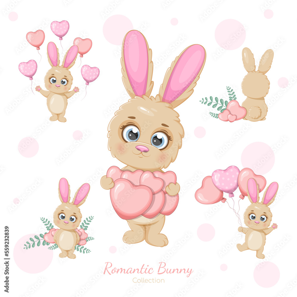 Cute cartoon Bunny collection for Happy Valentine's Day postcard Cute cartoon Bunny collection for Happy Valentine's Day postcard