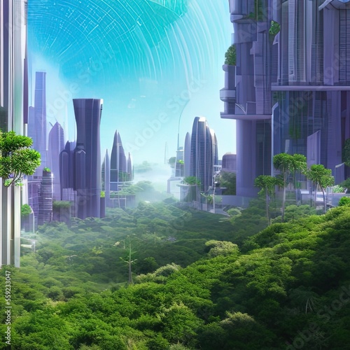 Futuristic city with greenery scenery - generative ai