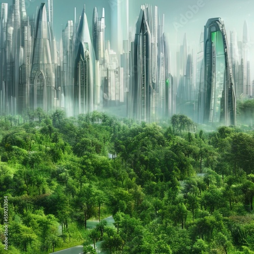 Futuristic city with greenery scenery - generative ai © visart