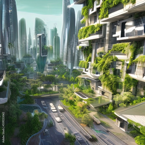 Futuristic city with greenery scenery - generative ai