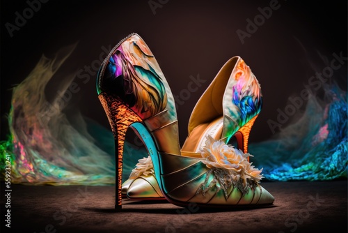 Fotografia a pair of colorful high heels with feathers on them on a black background with a colorful swirl pattern on the heel of the shoe, and a black background with a blue and green and