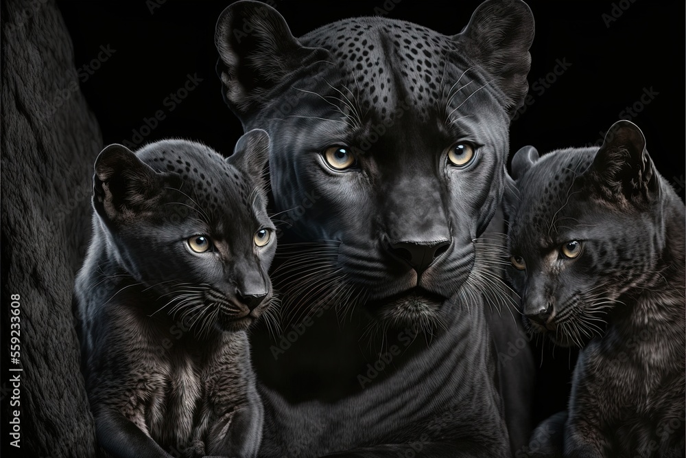 three black panther cubs are standing together in the dark, with their