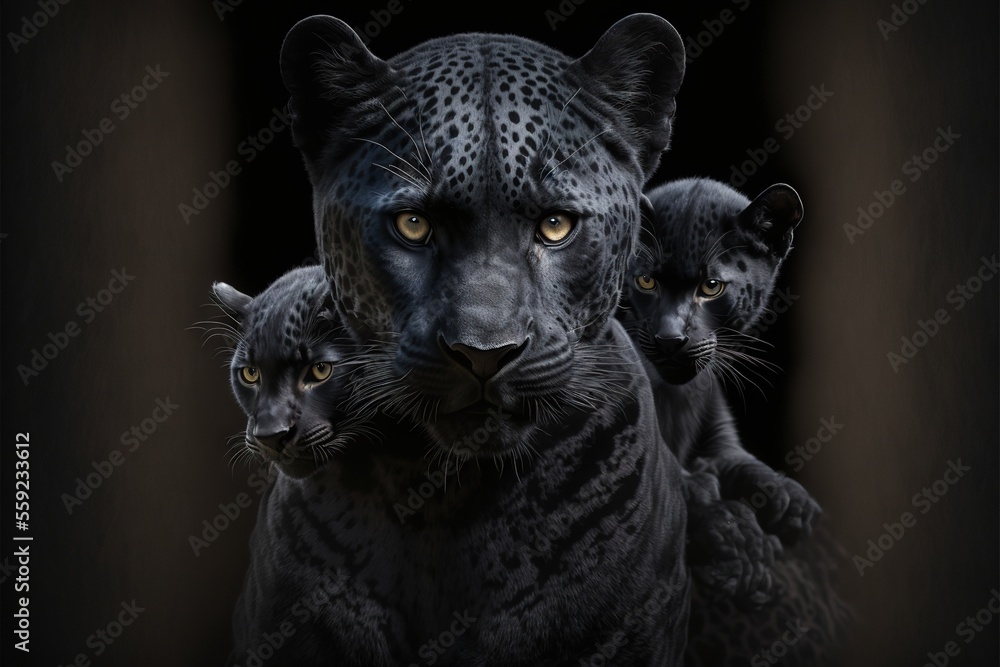 a black leopard with three cubs on a black background with a black  background and a