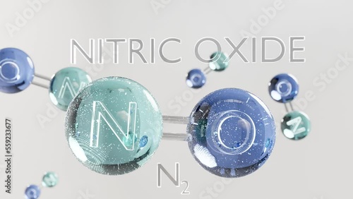 Nitric Oxide, NO, molecule model,  chemical formula. Nitrogen oxide, nitrogen monoxide or Oxidonitrogen. Ball-and-stick, nitric oxygen monoxide structural formula, nitrous azote and oxygen, 3d render
