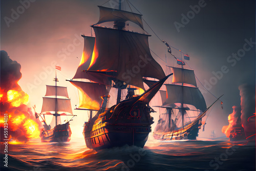 Slika na platnu Fifteenth century, battleships in a sea battle
