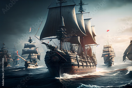 Vászonkép Fifteenth century, battleships in a sea battle