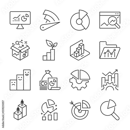 Analytics, columns and diagram icons set. Analysis and statistics, visual presentation of data, linear icon collection. Line with editable stroke