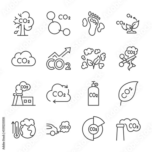 Carbon dioxide gas icons set. CO2, Polluting emissions, analysis and control of excess gases, linear icon collection. Line with editable stroke photo