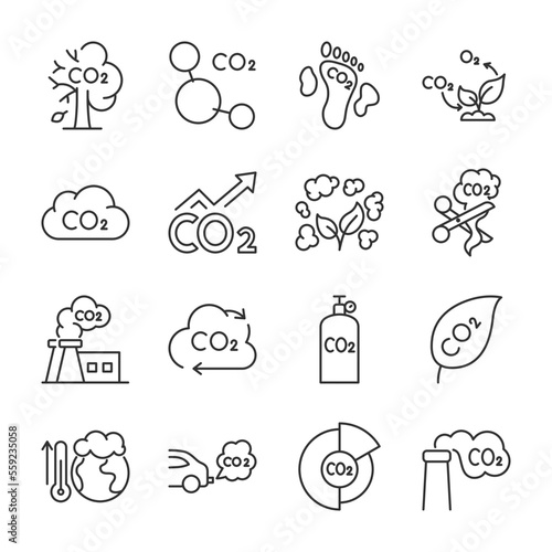 Carbon dioxide gas icons set. CO2, Polluting emissions, analysis and control of excess gases, linear icon collection. Line with editable stroke
