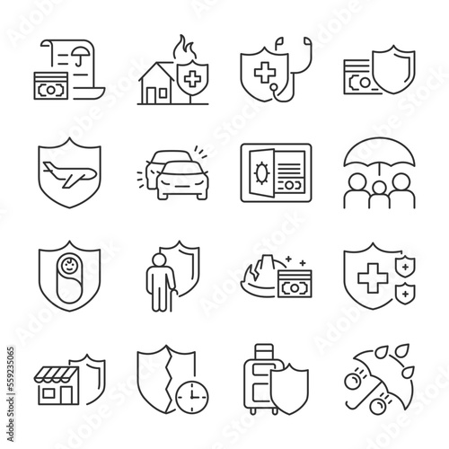 Insurance icons set. Life and property insurance. Insurance case, financial protection, property and health insurance, linear icon collection. Line with editable stroke