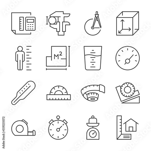 Measurement icons set. Measure, size of objects, Length, width, depth. Instruments for accurate measurement and drawing work, linear icon collection. Line with editable stroke