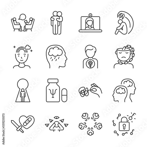Mental Health icons set. Psychological help, psychologist. Mental health improvement, treatment for anxiety and neurosis, mental equilibrium, linear icon collection. Line with editable stroke