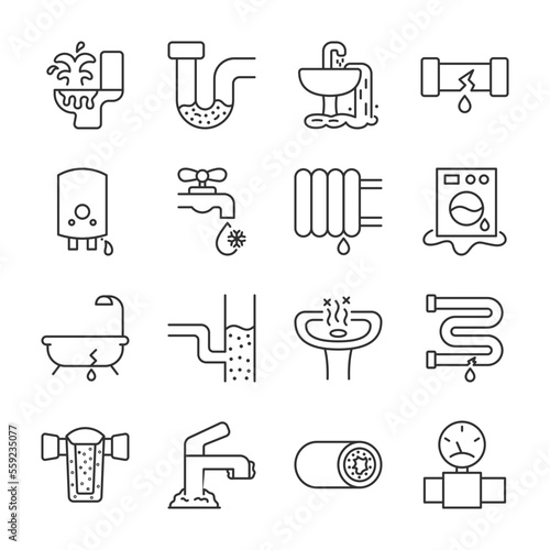 Plumbing problems, accident icons set. , linear icon collection. Line with editable stroke
