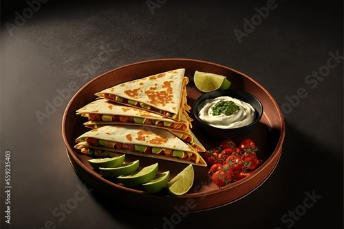  a plate of quesadillas with avocado and strawberries and a small bowl of sour cream and a lime wedge on the side of sour cream and a small bowl of strawberries.