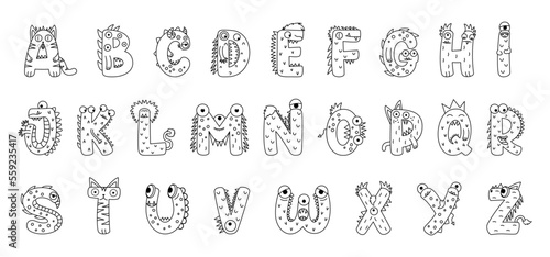 English alphabet with cute and funny coloring book cartoon style monsters. Cartoon doodle style english alphabet.