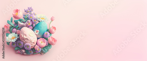Beautiful banner with Easter eggs  flowers and copy space. Easter backdrop. Empty space for advertising text  invitation  logo. Postcard  greeting card design. Pascha  Happy Easter Day. Generative AI.