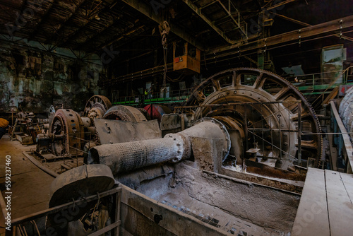 Old abandoned mining processing plant. Ore-dressing treatment with classifiers
