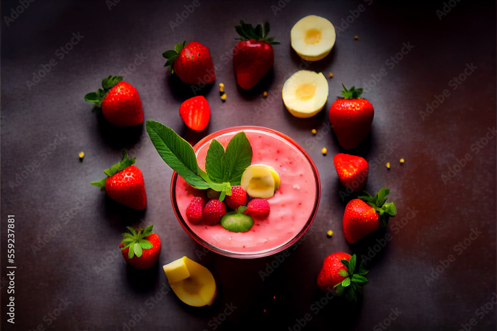 Delicious strawberry banana smoothie in clear glass cup with fresh strawberries and bananas surrounding it on an isolated on white background, top view, bright lighting