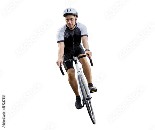 A male cyclist rides a bicycle in a helmet, transparent background. photo