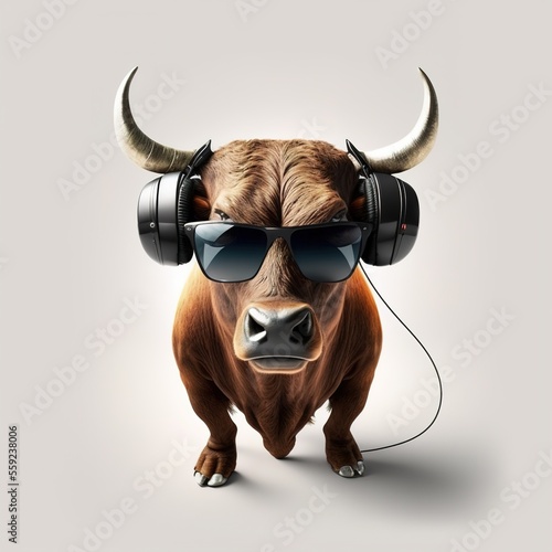 close up of a bull mask with headphone and sunglasses