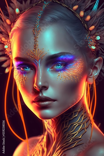Neon Goddess. Generative AI, non-existent person. 