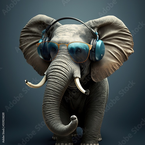close up of a elephant with headphone and sunglasses