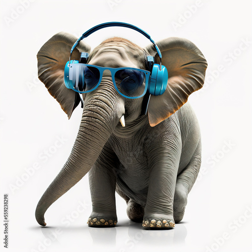 close up of a elephant with headphone and sunglasses