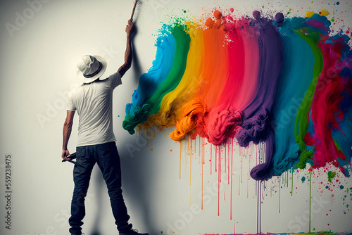 Lustiger Maler streicht eine weiße Wand bunt mit color splash