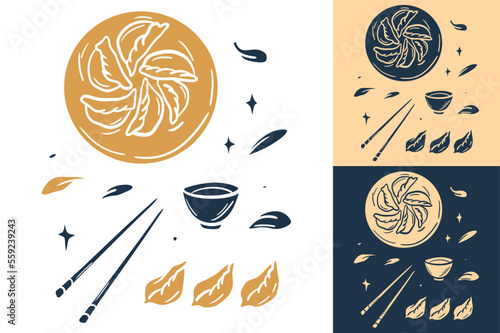 Linocut Folk Art Asian Food Collection. Jiaozi illustration
