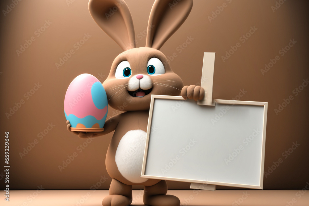 Obraz premium Osterhase hält leeres Schild im der Hand als Platzhalter für Text