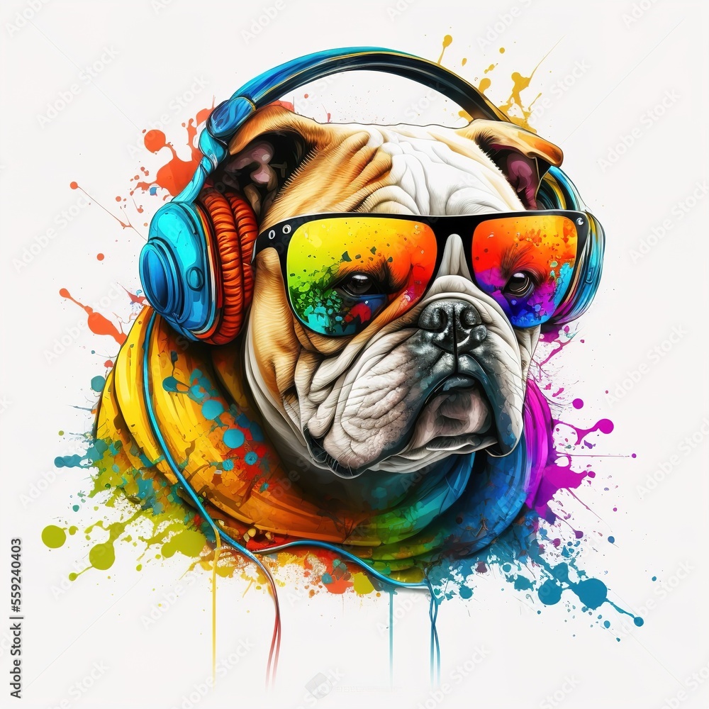 bulldog wearing sunglasses and headphone