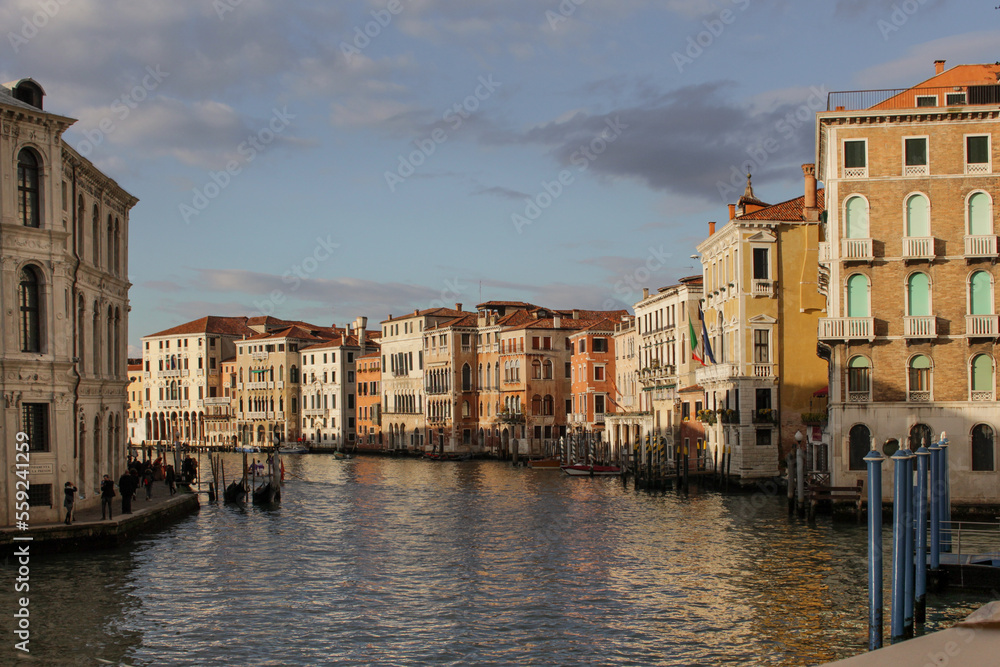 View of the Grand Canal from Rialto Bridge, Venice/Italy, panorama.